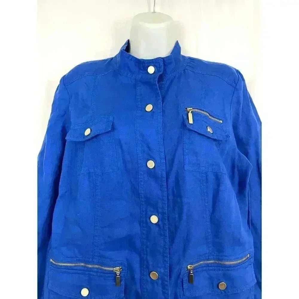 Chico’s‎ Cobalt Blue Jacket Shacket Sz 1 100% Linen Women's High Neck - Picture 13 of 16
